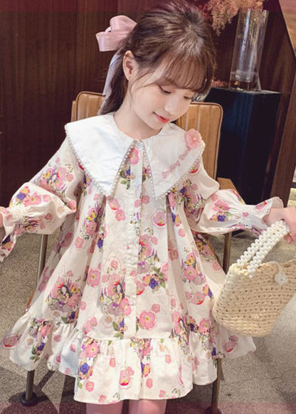 Handmade Apricot Print Nail Bead Girls Mid Dress Long Sleeve