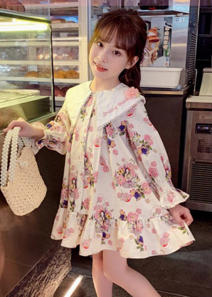 Handmade Apricot Print Nail Bead Girls Mid Dress Long Sleeve