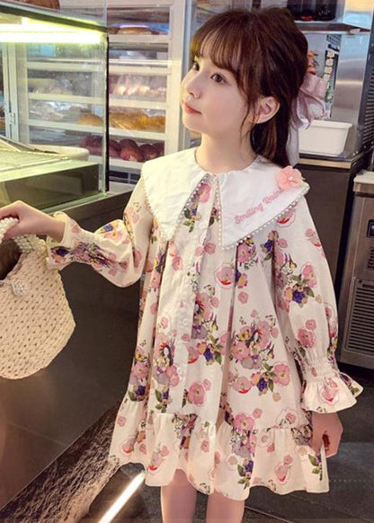 Handmade Apricot Print Nail Bead Girls Mid Dress Long Sleeve