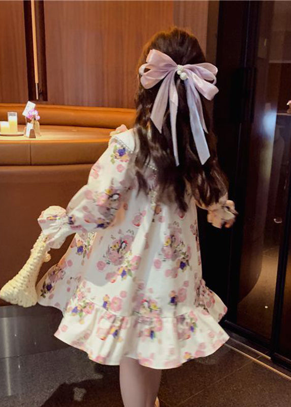 Handmade Apricot Print Nail Bead Girls Mid Dress Long Sleeve