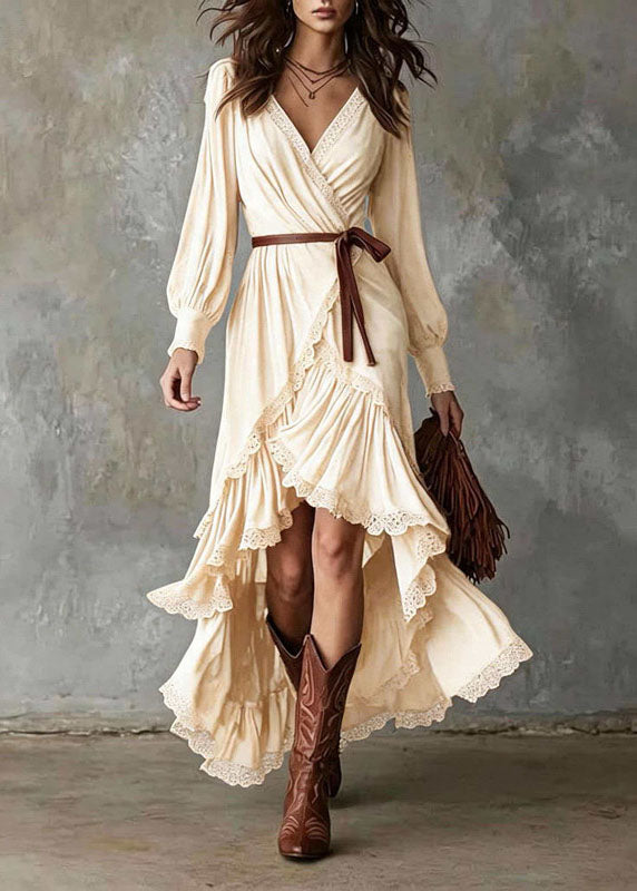 Handmade Apricot Ruffled Asymmetrical Design Cotton Maxi Dresses Fall