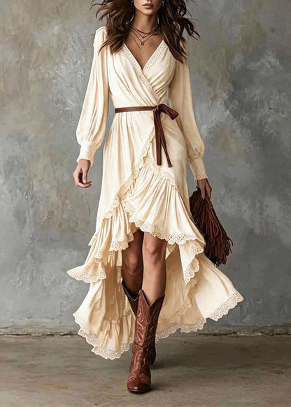 Handmade Apricot Ruffled Asymmetrical Design Cotton Maxi Dresses Fall