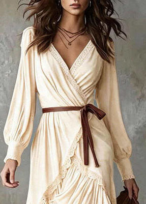 Handmade Apricot Ruffled Asymmetrical Design Cotton Maxi Dresses Fall