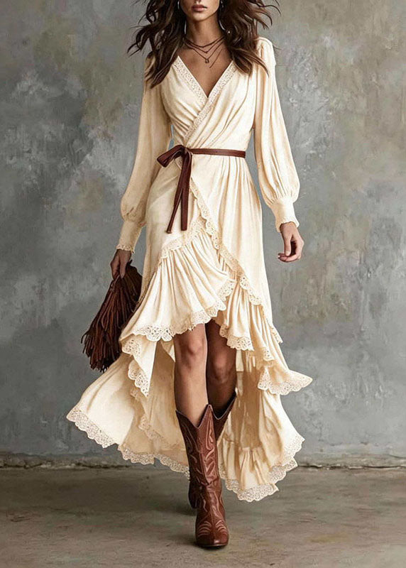 Handmade Apricot Ruffled Asymmetrical Design Cotton Maxi Dresses Fall