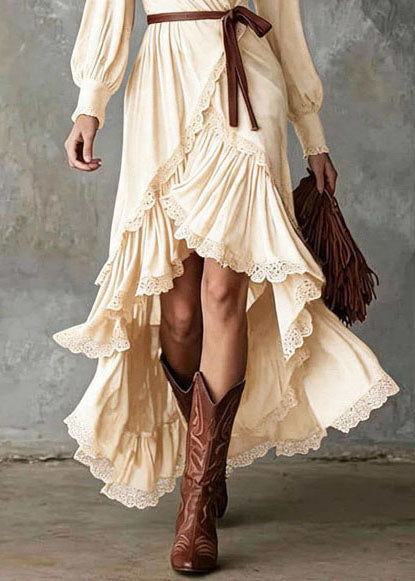 Handmade Apricot Ruffled Asymmetrical Design Cotton Maxi Dresses Fall