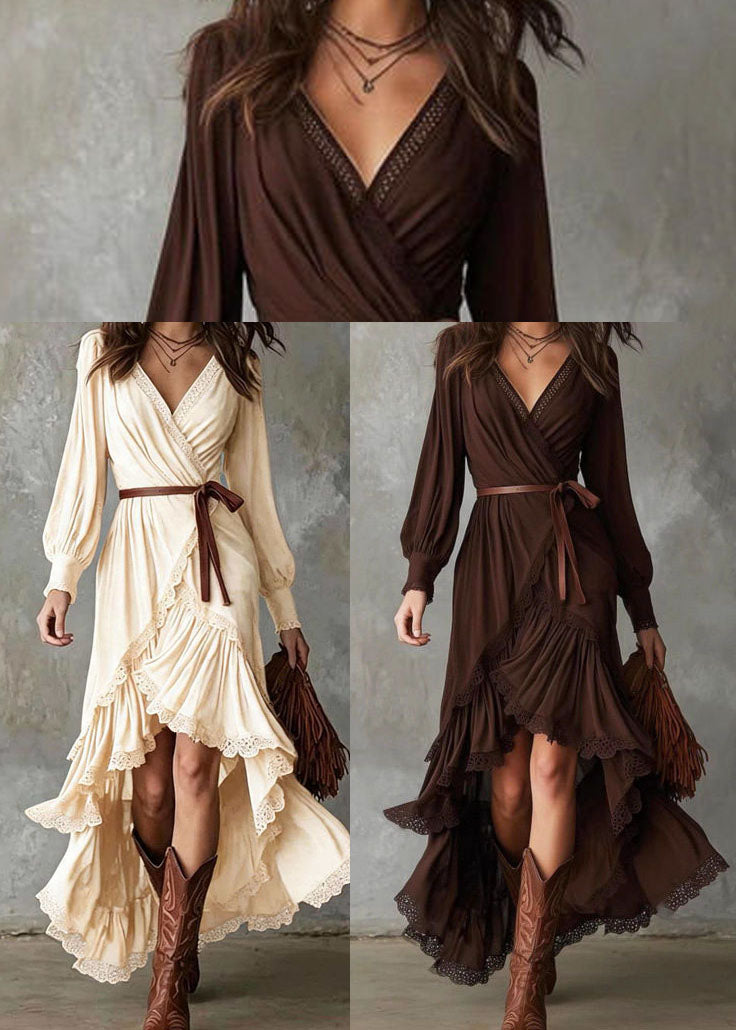 Handmade Apricot Ruffled Asymmetrical Design Cotton Maxi Dresses Fall