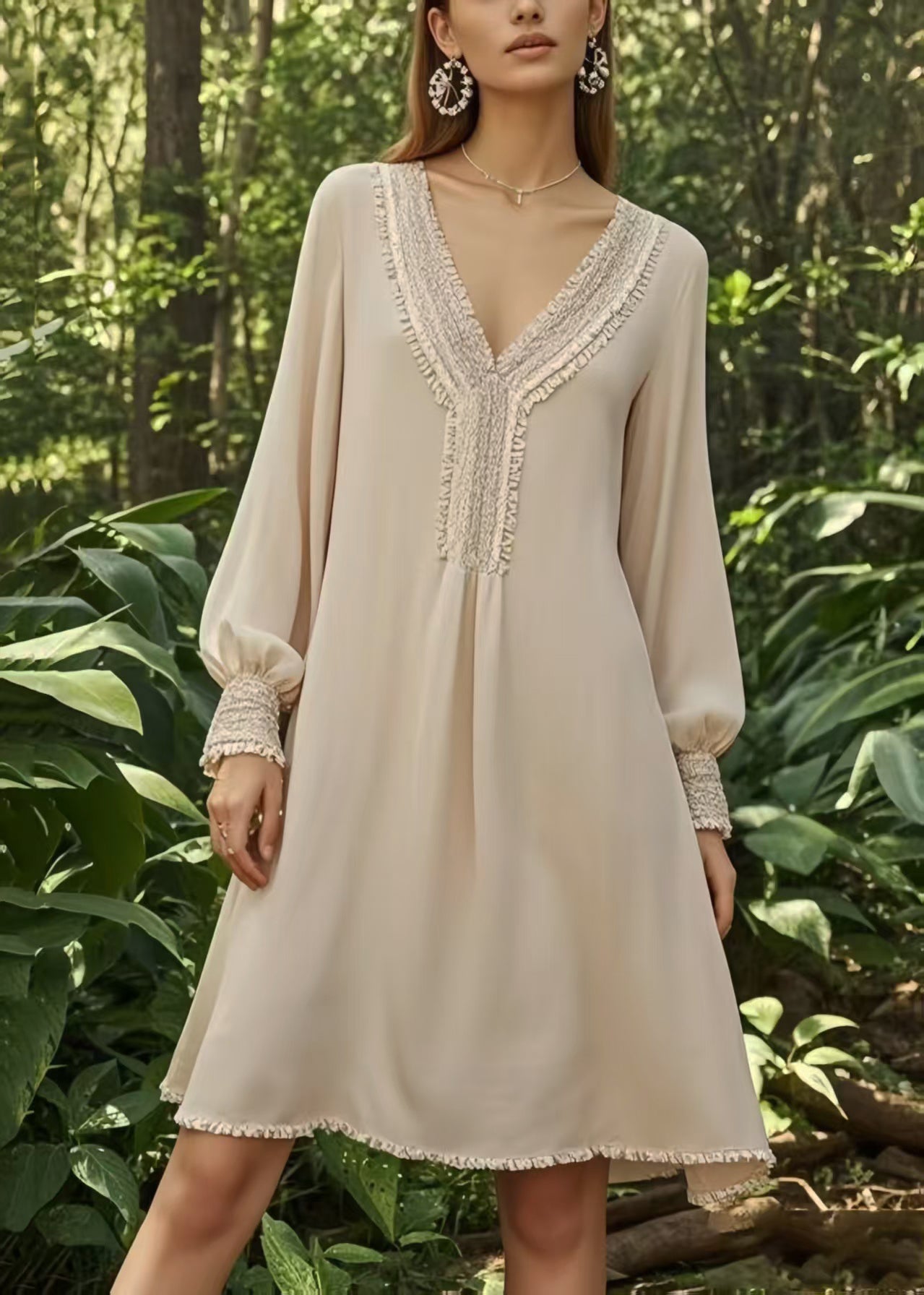 Handmade Apricot V Neck Draping Chiffon Day Dress Spring