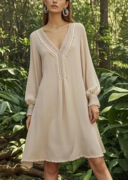 Handmade Apricot V Neck Draping Chiffon Day Dress Spring