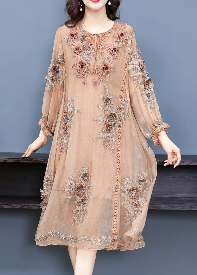Handmade Apricot V Neck Embroideried Floral Silk Maxi Dress Long Sleeve
