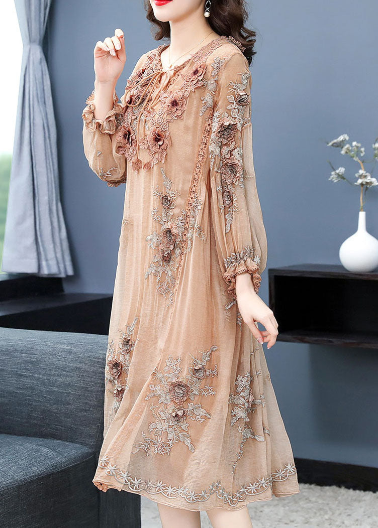 Handmade Apricot V Neck Embroideried Floral Silk Maxi Dress Long Sleeve