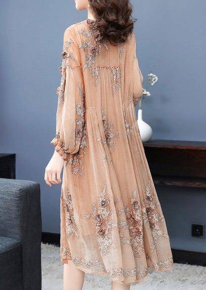 Handmade Apricot V Neck Embroideried Floral Silk Maxi Dress Long Sleeve