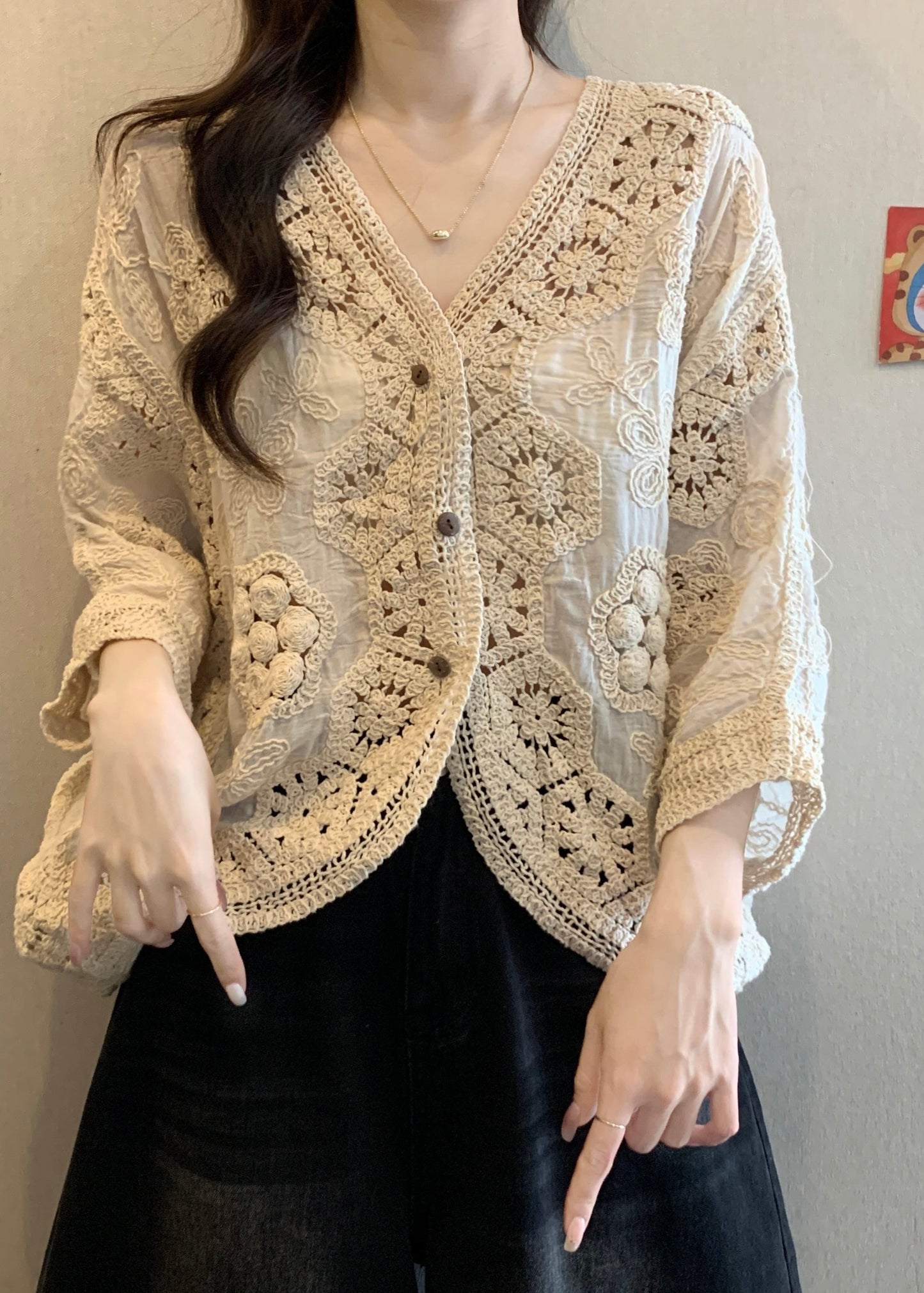 Handmade Apricot V Neck Hollow Out Button Cardigan Spring