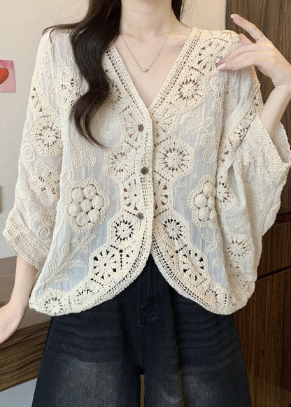 Handmade Apricot V Neck Hollow Out Button Cardigan Spring