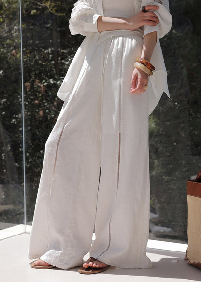 Handmade Beige Elastic Waist Patchwork Wide Leg Pants Spring