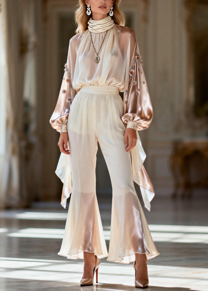 Handmade Beige Gradient Color Zircon Silk Patchwork Chiffon Two Pieces Set Spring