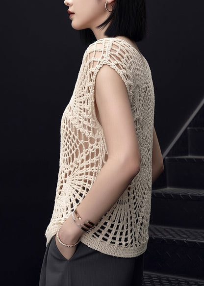 Handmade Beige Hollow Out Knit Top Short Sleeve