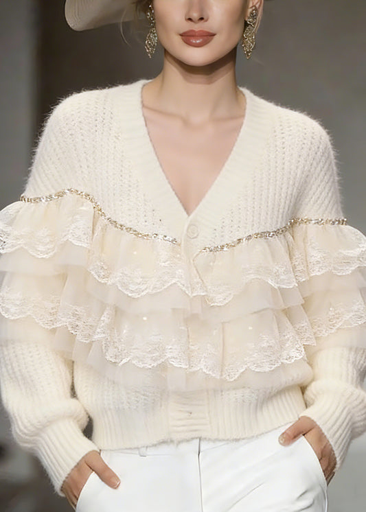Handmade Beige Lace Patchwork Cotton Knit Cardigans Spring