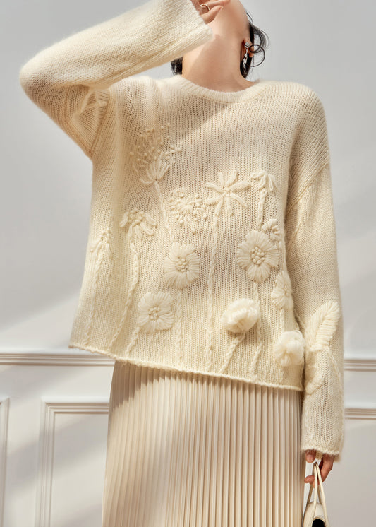 Handmade Beige O Neck Floral Cozy Knit Sweater Tops Fall