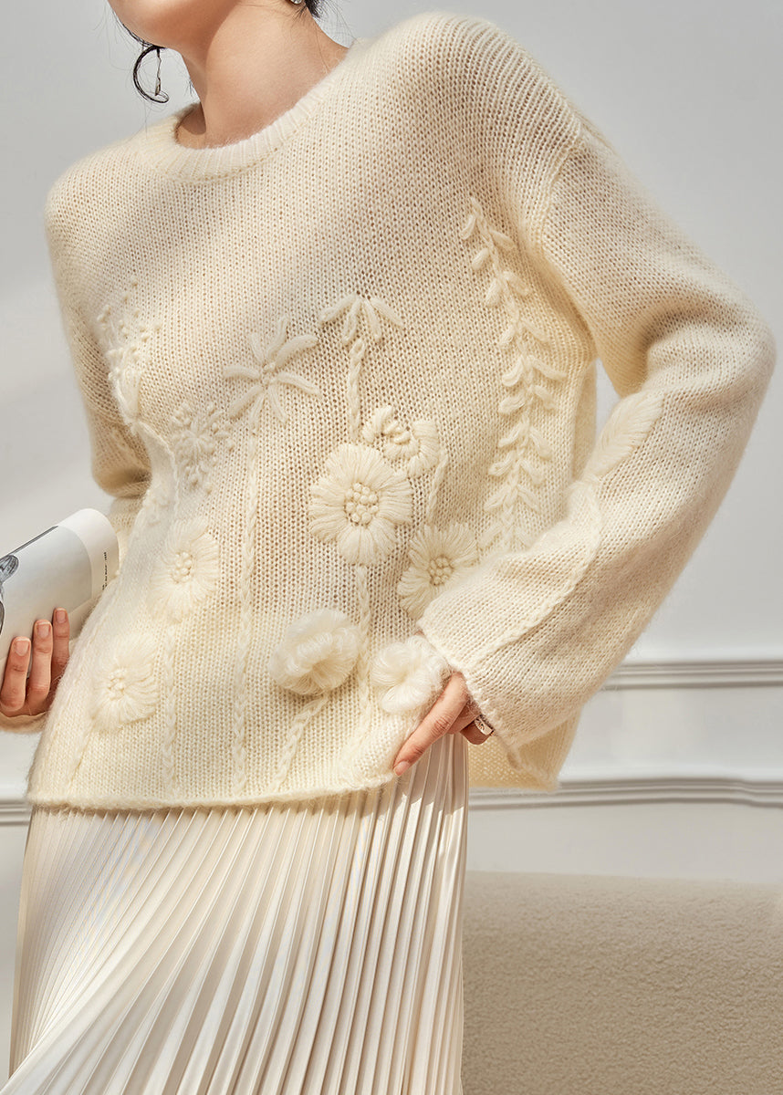 Handmade Beige O Neck Floral Cozy Knit Sweater Tops Fall