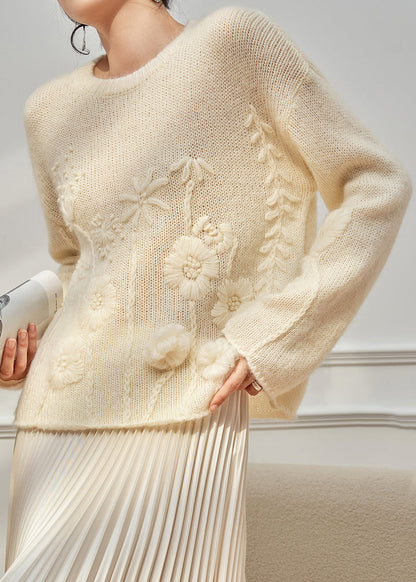 Handmade Beige O Neck Floral Cozy Knit Sweater Tops Fall