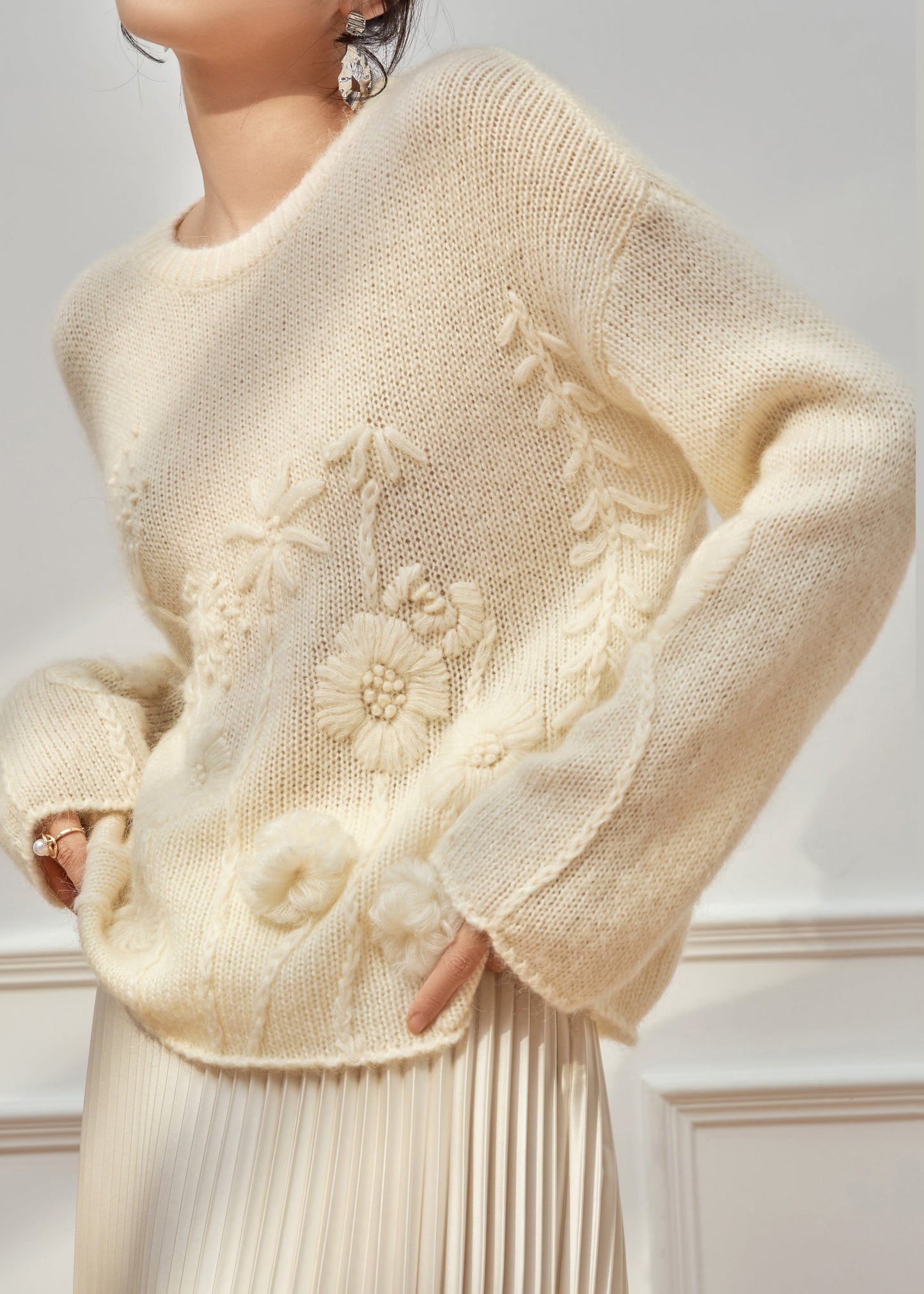 Handmade Beige O Neck Floral Cozy Knit Sweater Tops Fall