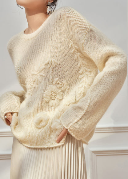 Handmade Beige O Neck Floral Cozy Knit Sweater Tops Fall
