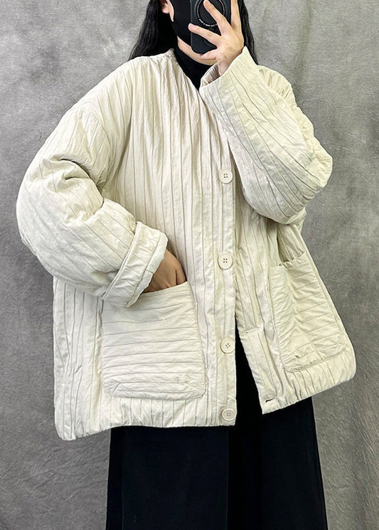 Handmade Beige O Neck Pockets Fine Cotton Filled Jacket Winter