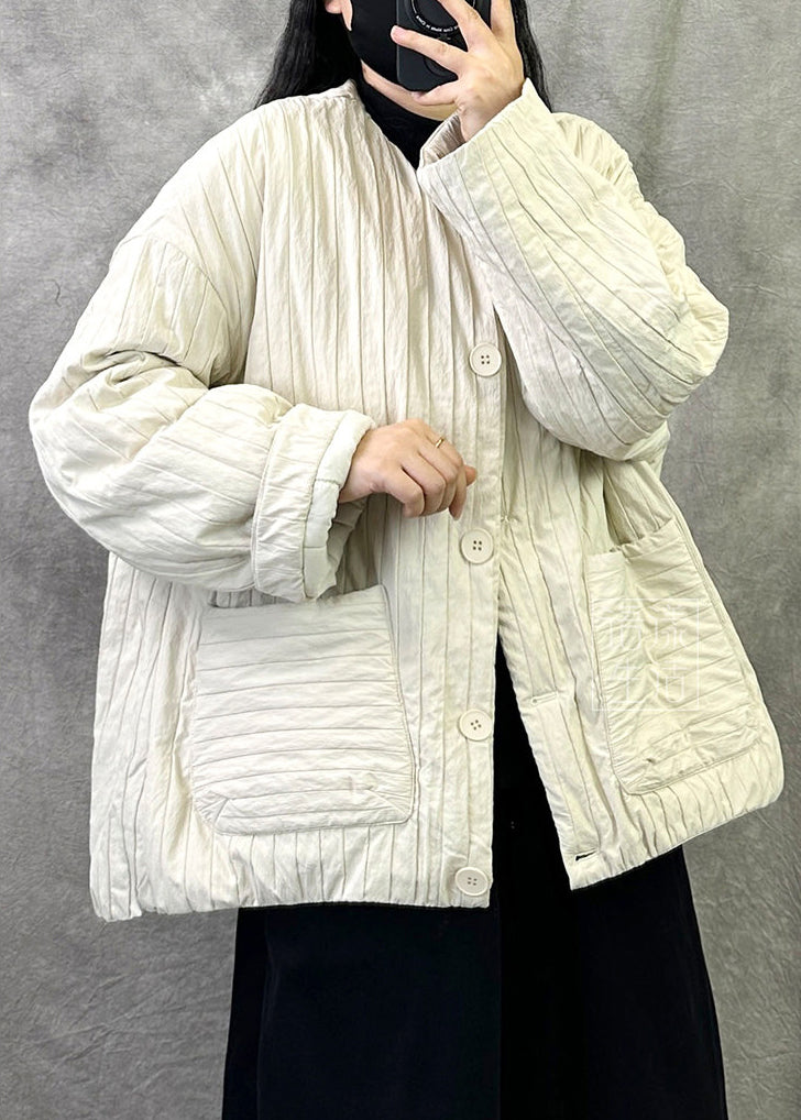 Handmade Beige O Neck Pockets Fine Cotton Filled Jacket Winter