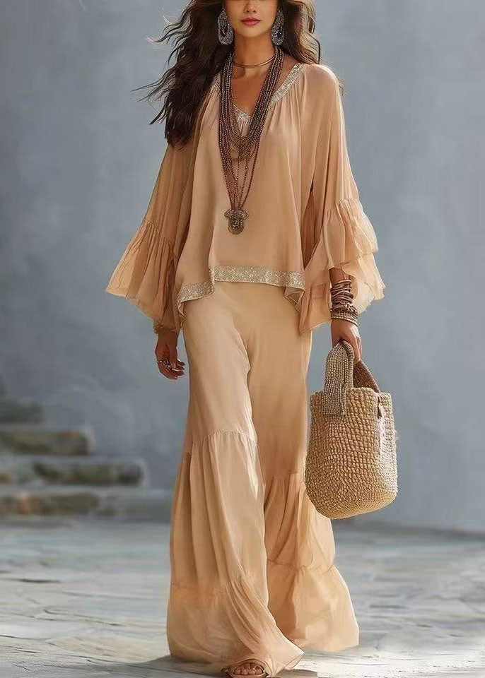 Handmade Beige Oversized Cotton Two Pieces Set Flare Sleeve