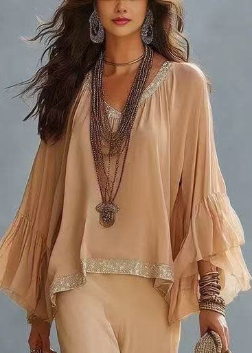 Handmade Beige Oversized Cotton Two Pieces Set Flare Sleeve