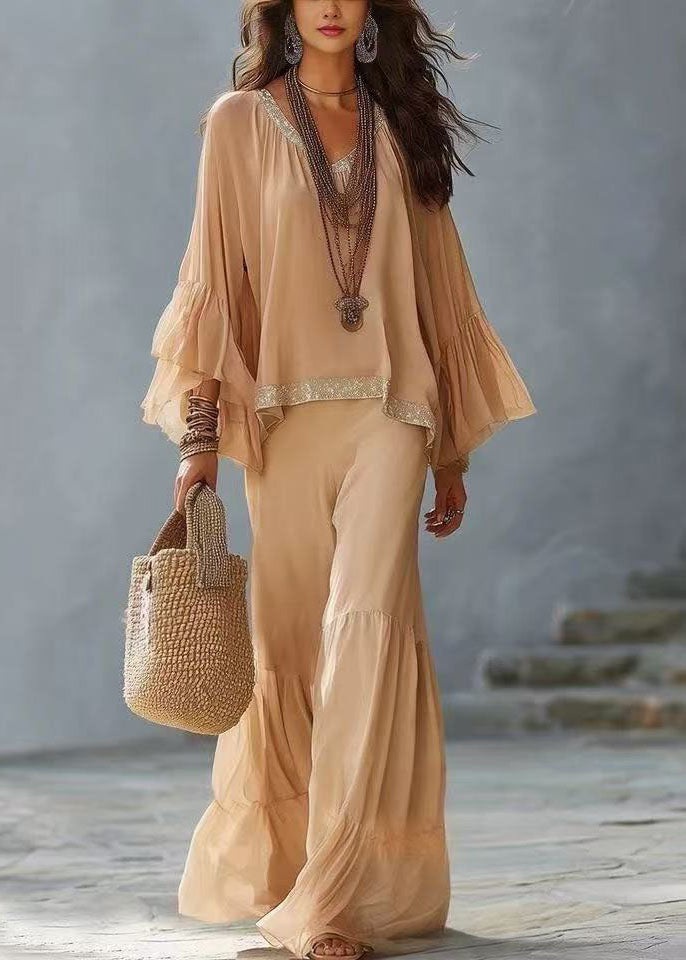 Handmade Beige Oversized Cotton Two Pieces Set Flare Sleeve