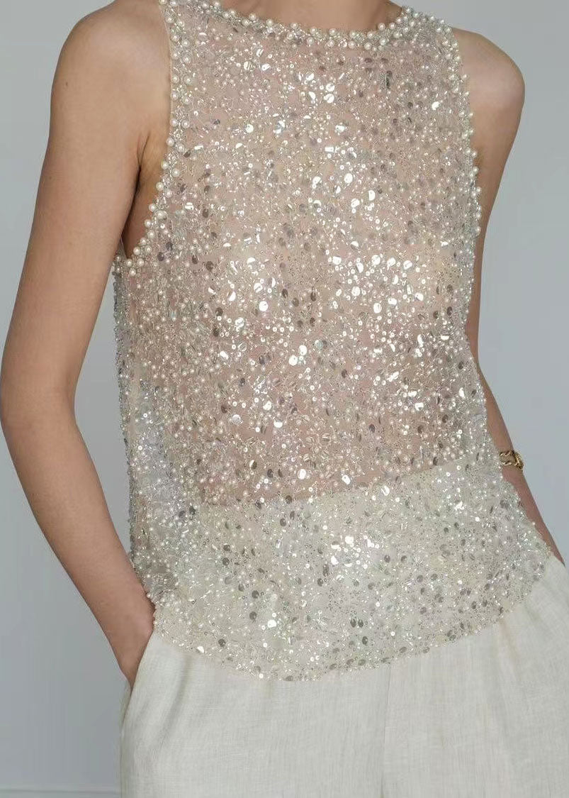 Handmade Beige Sequins Tulle Top Sleeveless