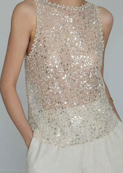 Handmade Beige Sequins Tulle Top Sleeveless