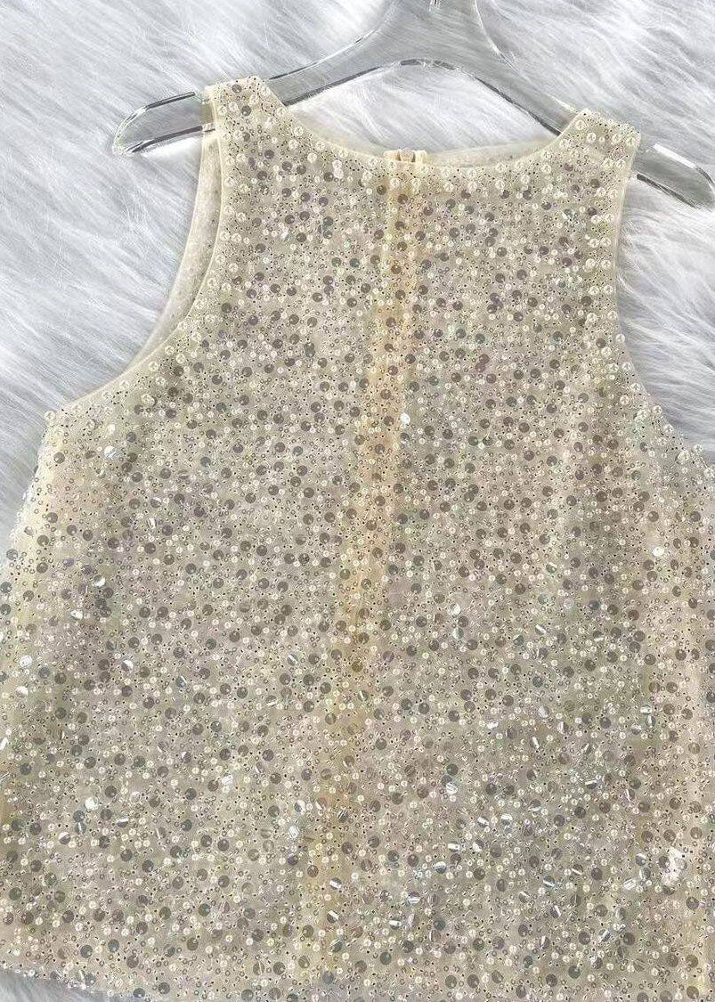 Handmade Beige Sequins Tulle Top Sleeveless