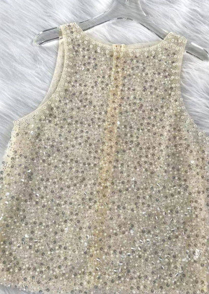 Handmade Beige Sequins Tulle Top Sleeveless