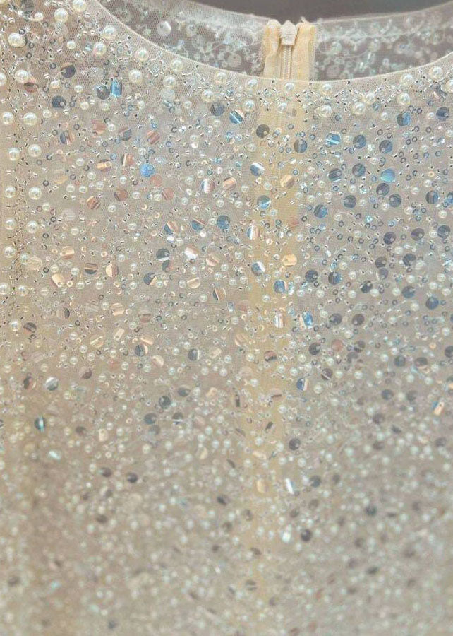 Handmade Beige Sequins Tulle Top Sleeveless