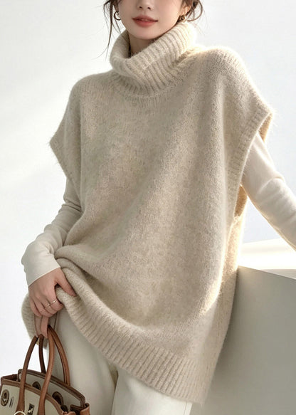Handmade Beige Turtleneck Patchwork Cotton Knit Waistcoat Fall