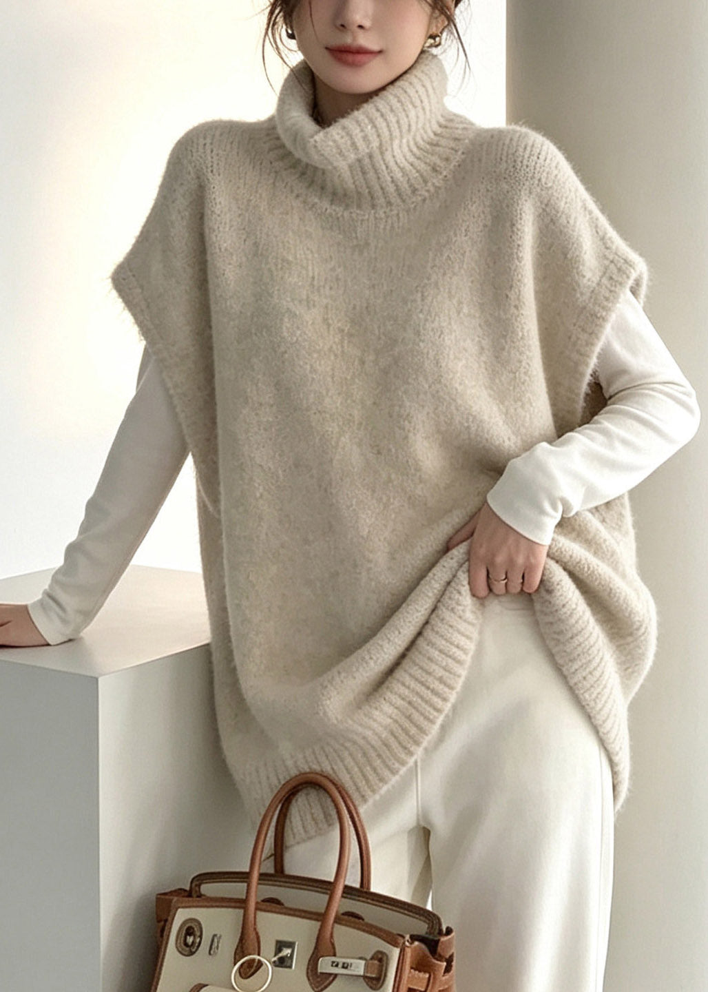 Handmade Beige Turtleneck Patchwork Cotton Knit Waistcoat Fall