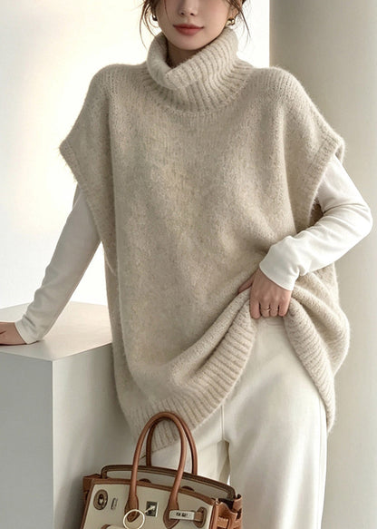 Handmade Beige Turtleneck Patchwork Cotton Knit Waistcoat Fall