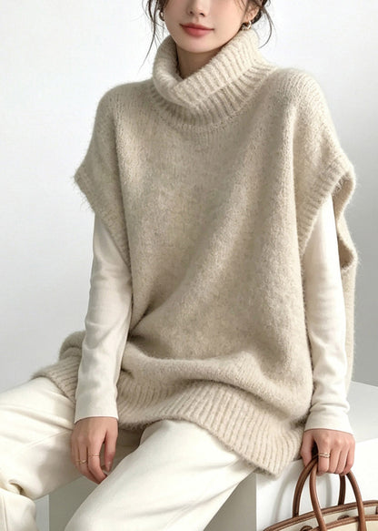 Handmade Beige Turtleneck Patchwork Cotton Knit Waistcoat Fall