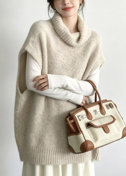 Handmade Beige Turtleneck Patchwork Cotton Knit Waistcoat Fall