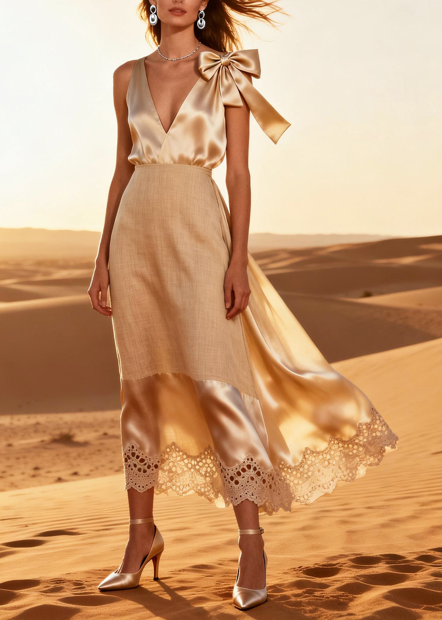 Handmade Beige V Neck Patchwork Linen Silk CamiDress Summer