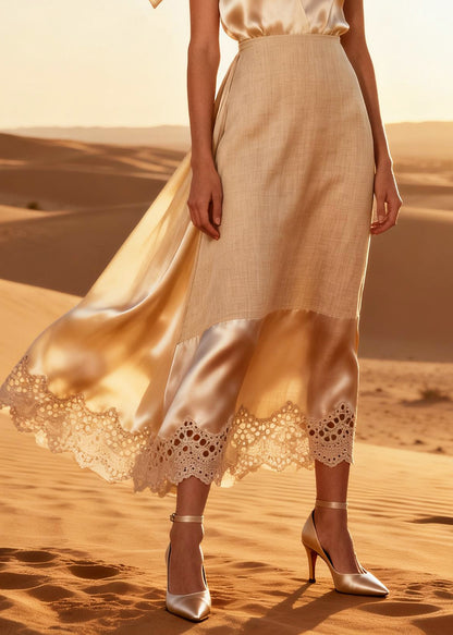 Handmade Beige V Neck Patchwork Linen Silk CamiDress Summer