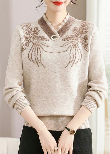 Handmade Beige V Neck zircon Thick Knitted Cotton Sweater Fall