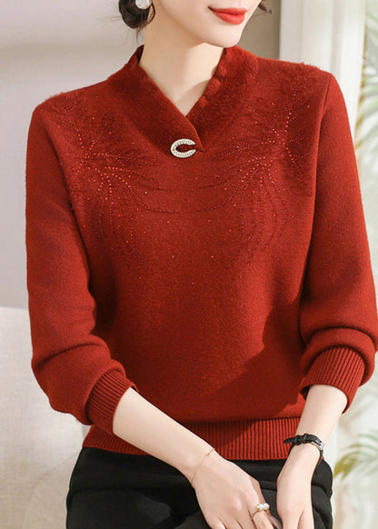 Handmade Beige V Neck zircon Thick Knitted Cotton Sweater Fall