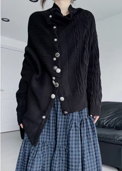 Handmade Black Asymmetrical Desidn Warm Knit Cardigan Winter