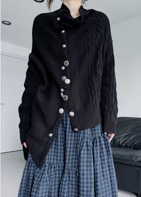 Handmade Black Asymmetrical Desidn Warm Knit Cardigan Winter