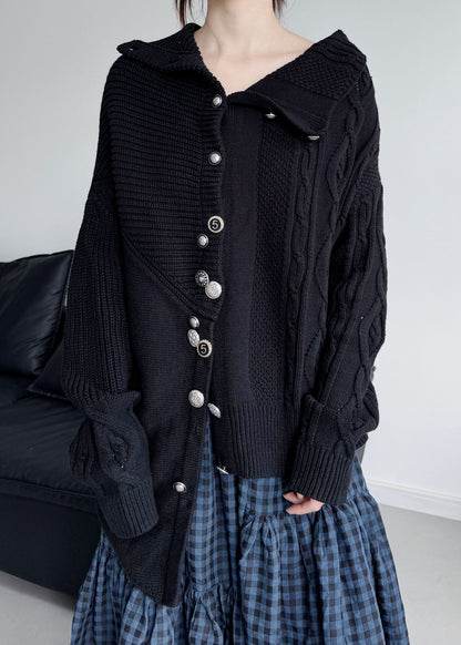 Handmade Black Asymmetrical Desidn Warm Knit Cardigan Winter