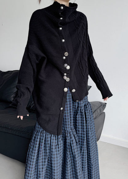 Handmade Black Asymmetrical Desidn Warm Knit Cardigan Winter