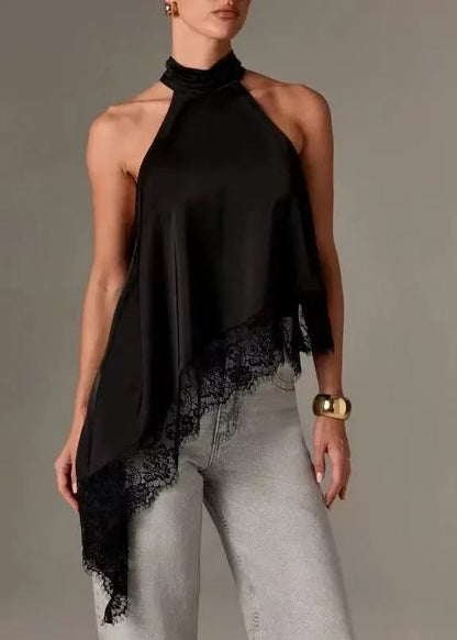 Handmade Black Asymmetrical Lace Patchwork Silk Halter Vests Summer